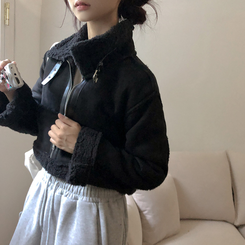 디얼 버클 스웨이드 양털 크롭 무스탕 블랙