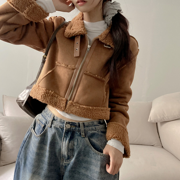 디얼 버클 스웨이드 양털 크롭 무스탕 브라운