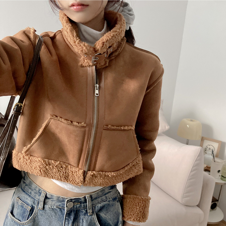 디얼 버클 스웨이드 양털 크롭 무스탕 브라운