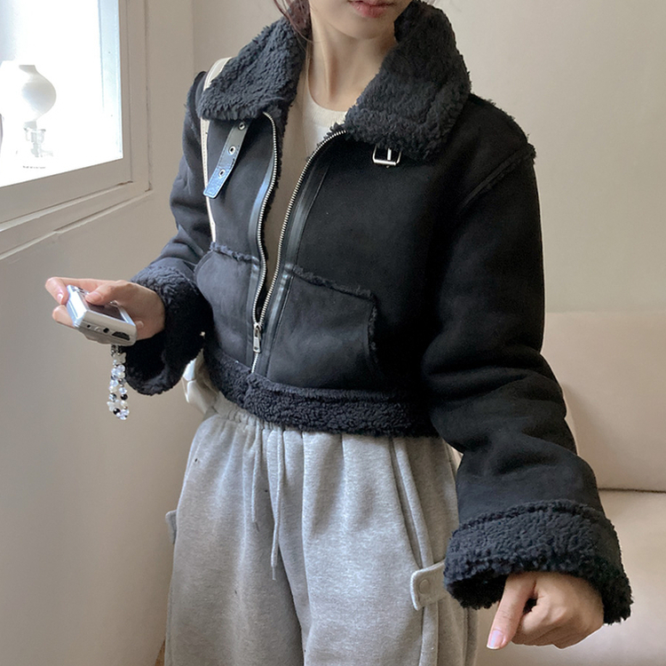 디얼 버클 스웨이드 양털 크롭 무스탕 블랙