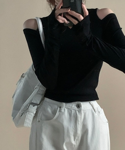 ショルダースリットウォーマーハイネック長袖Tシャツ(5color) BLACK
