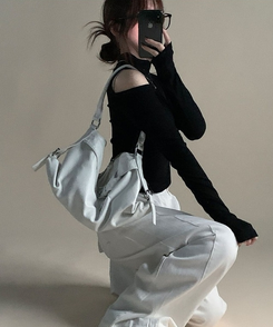 ショルダースリットウォーマーハイネック長袖Tシャツ(5color) BLACK