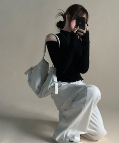 ショルダースリットウォーマーハイネック長袖Tシャツ(5color) BLACK