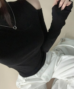 ショルダースリットウォーマーハイネック長袖Tシャツ(5color) BLACK