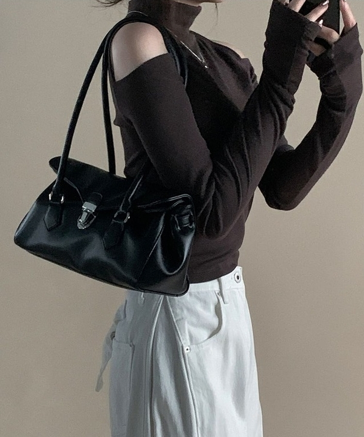 ショルダースリットウォーマーハイネック長袖Tシャツ(5color) BROWN