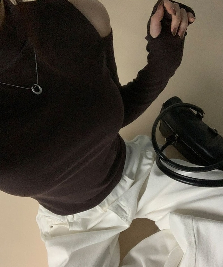 ショルダースリットウォーマーハイネック長袖Tシャツ(5color) BROWN