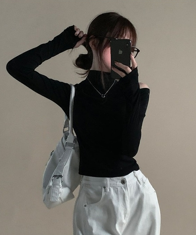 ショルダースリットウォーマーハイネック長袖Tシャツ(5color) BLACK