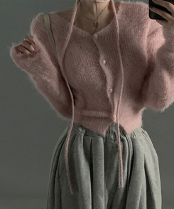 【マフラー付き】アンゴラフェアリーニットカーディガン(5color) PINK