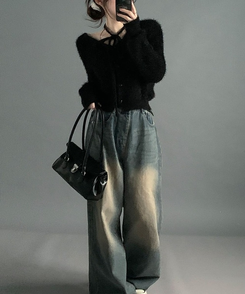 【マフラー付き】アンゴラフェアリーニットカーディガン(5color) BLACK