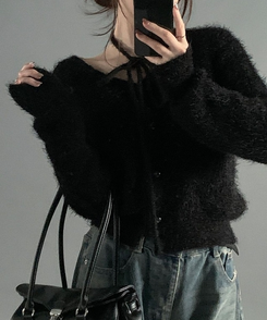 【マフラー付き】アンゴラフェアリーニットカーディガン(5color) BLACK