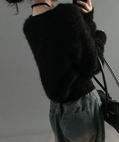 【マフラー付き】アンゴラフェアリーニットカーディガン(5color) BLACK