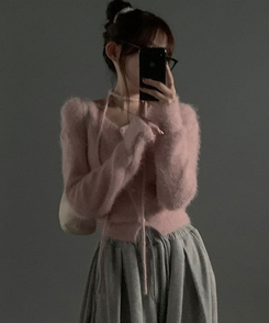 【マフラー付き】アンゴラフェアリーニットカーディガン(5color) PINK