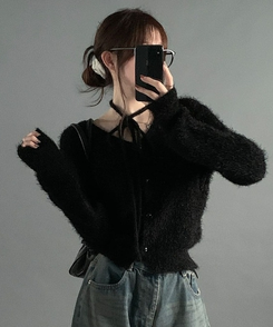 【マフラー付き】アンゴラフェアリーニットカーディガン(5color) BLACK