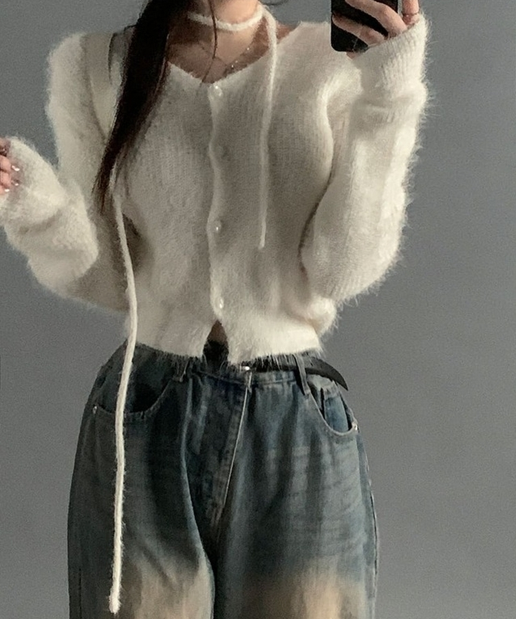 【マフラー付き】アンゴラフェアリーニットカーディガン(5color) IVORY