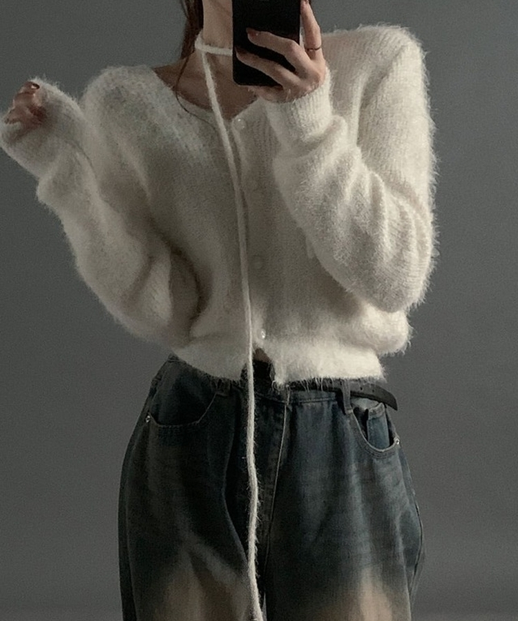 【マフラー付き】アンゴラフェアリーニットカーディガン(5color) IVORY