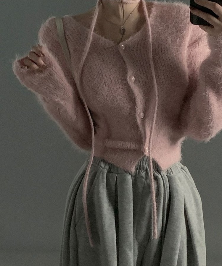 【マフラー付き】アンゴラフェアリーニットカーディガン(5color) PINK