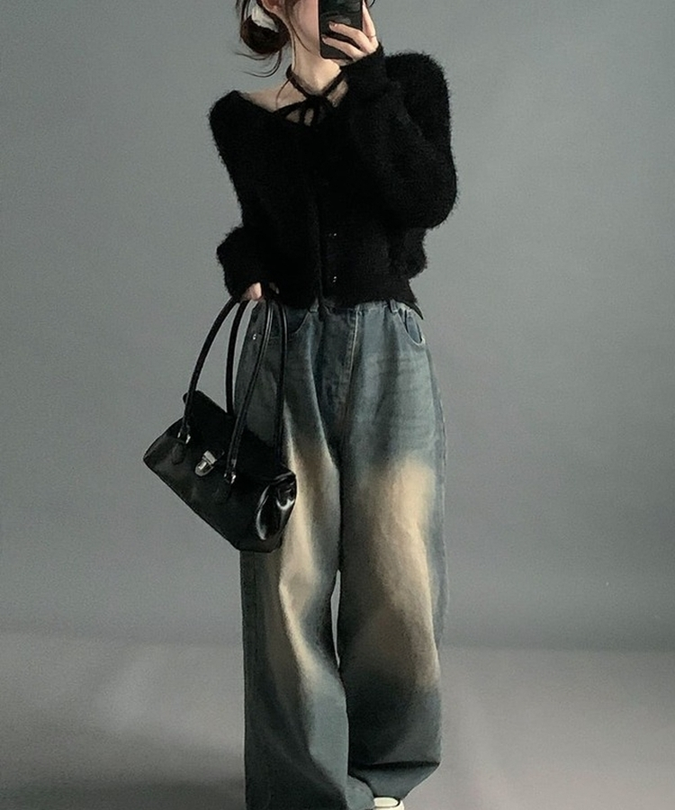 【マフラー付き】アンゴラフェアリーニットカーディガン(5color) BLACK