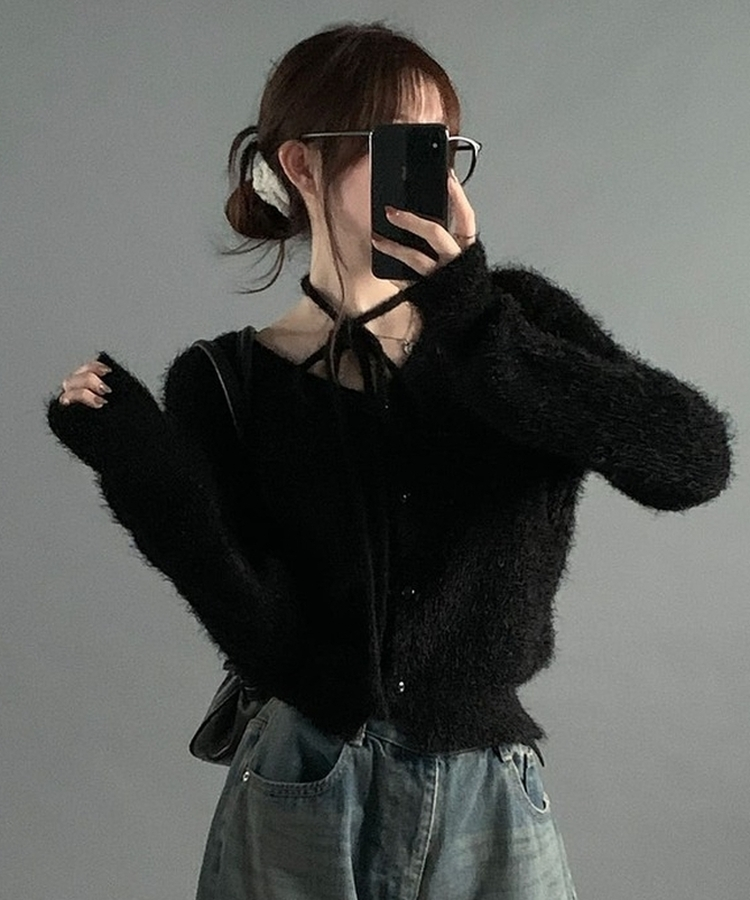 【マフラー付き】アンゴラフェアリーニットカーディガン(5color) BLACK