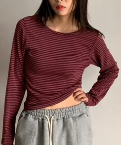 ラウンドストライプ長袖Tシャツ WINE