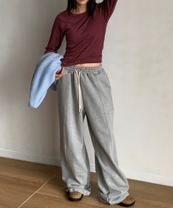 ラウンドストライプ長袖Tシャツ WINE