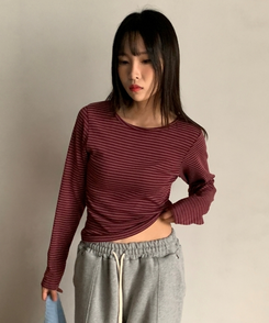 ラウンドストライプ長袖Tシャツ WINE