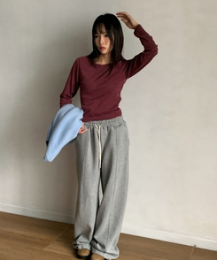 ラウンドストライプ長袖Tシャツ WINE