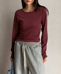 ラウンドストライプ長袖Tシャツ WINE