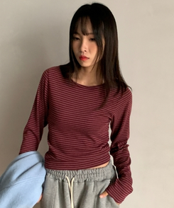 ラウンドストライプ長袖Tシャツ WINE