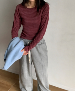 ラウンドストライプ長袖Tシャツ WINE