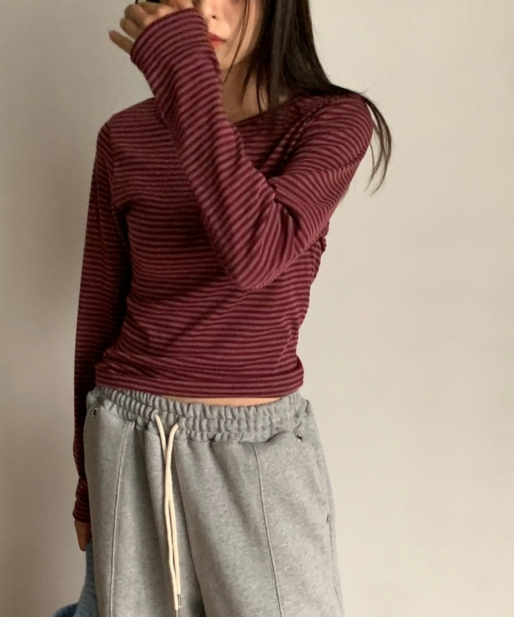 ラウンドストライプ長袖Tシャツ WINE