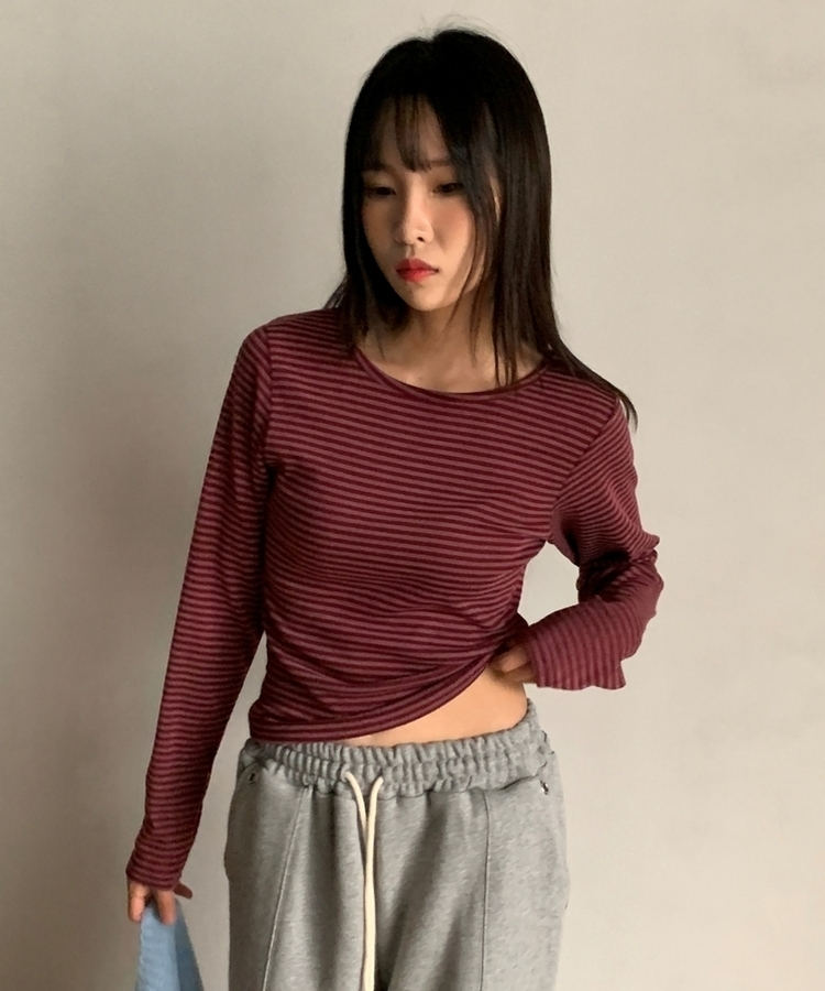 ラウンドストライプ長袖Tシャツ WINE