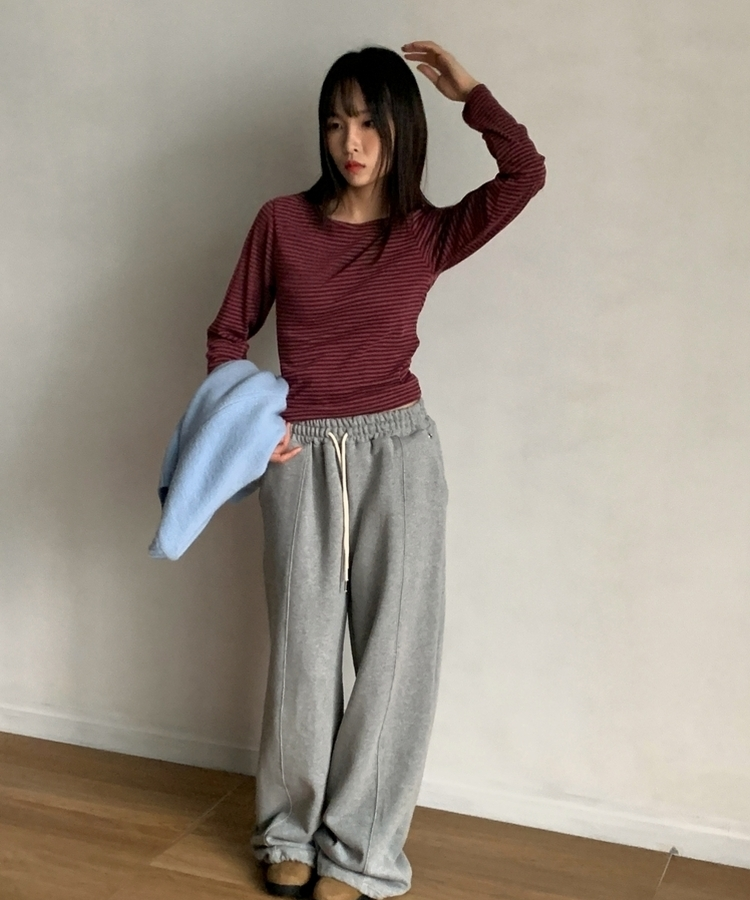 ラウンドストライプ長袖Tシャツ WINE