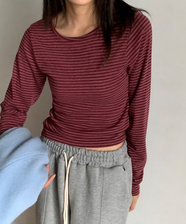 ラウンドストライプ長袖Tシャツ WINE
