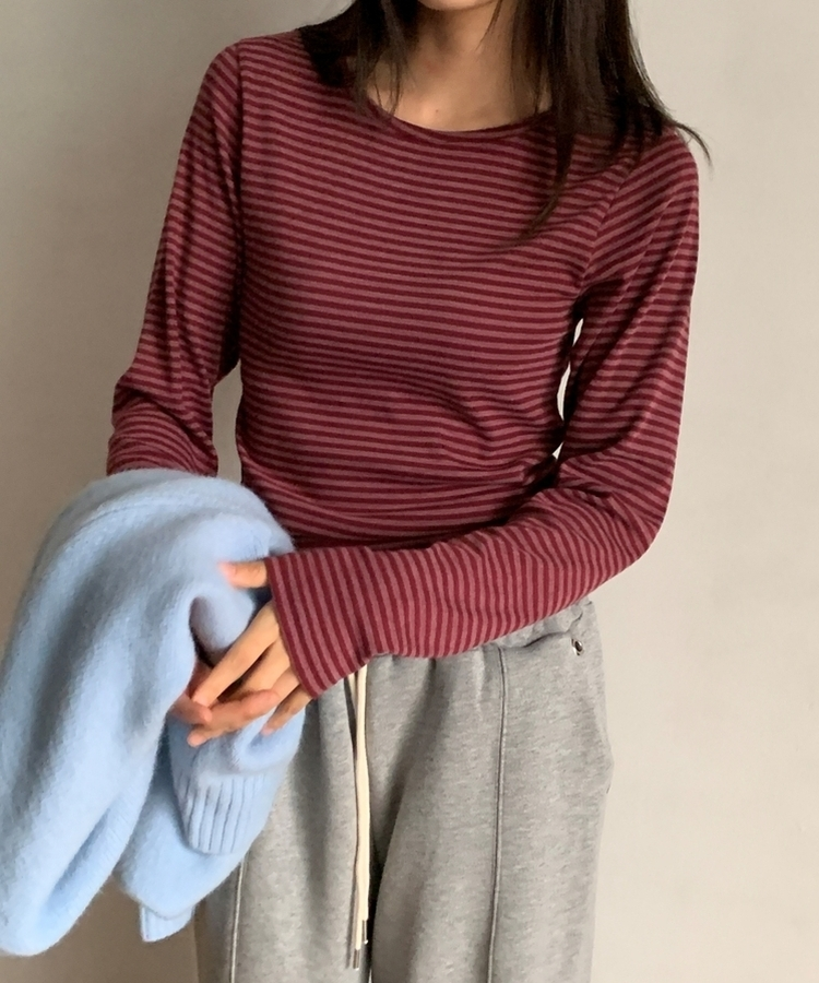ラウンドストライプ長袖Tシャツ WINE