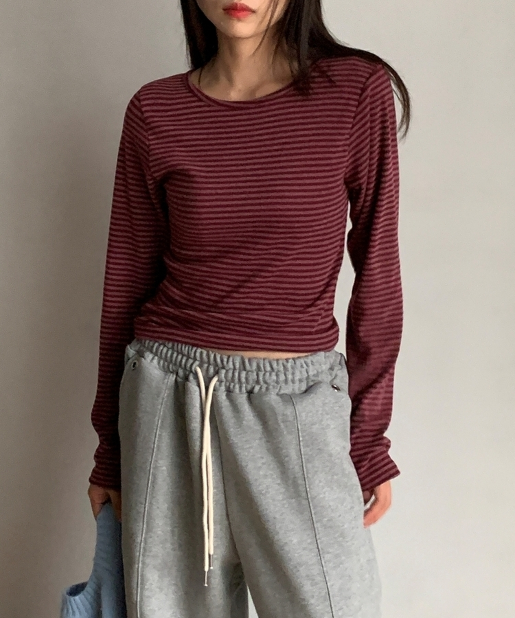 ラウンドストライプ長袖Tシャツ WINE