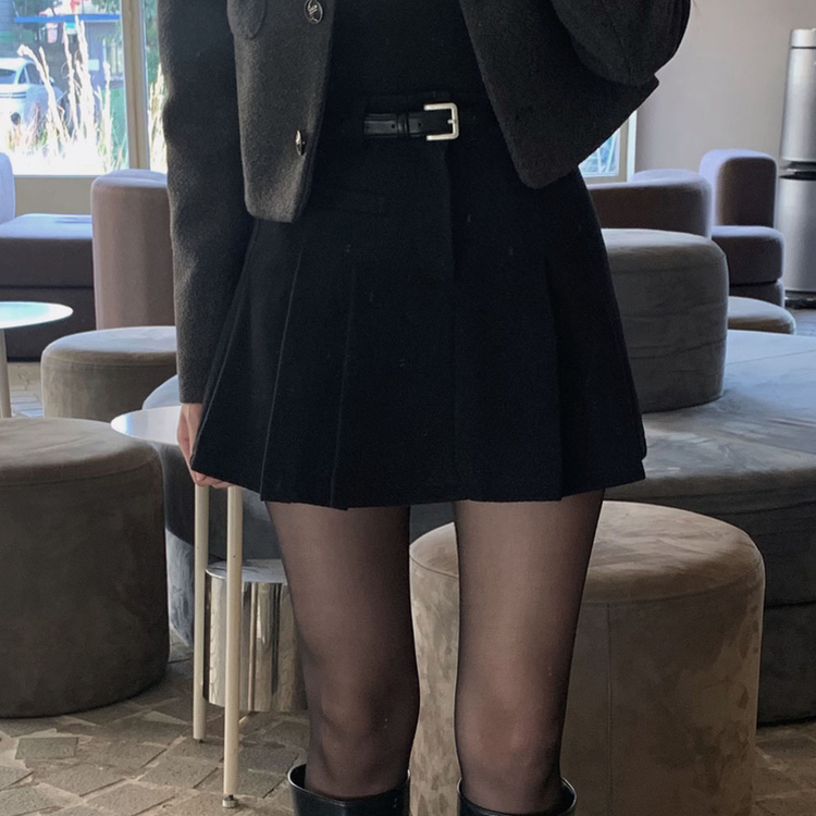 厚手ウールAラインプリーツミニスカートパンツ