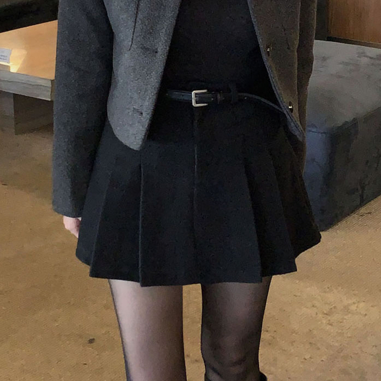 厚手ウールAラインプリーツミニスカートパンツ