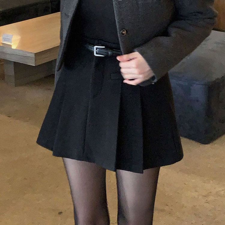 厚手ウールAラインプリーツミニスカートパンツ
