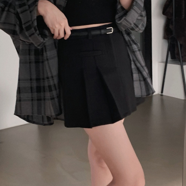 厚手ウールAラインプリーツミニスカートパンツ