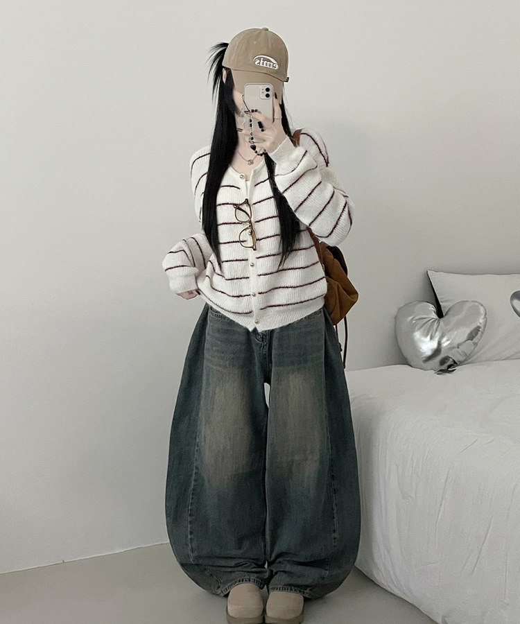 ストライプニットカーディガン