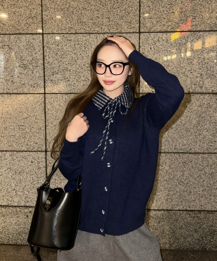 쁘띠 니트 셔츠 가디건 네이비