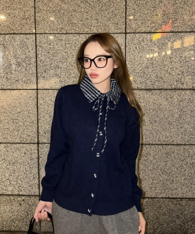 쁘띠 니트 셔츠 가디건 네이비