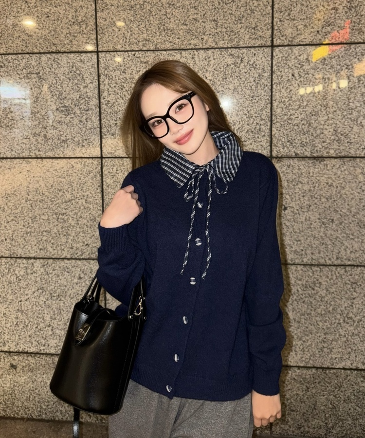 쁘띠 니트 셔츠 가디건 네이비