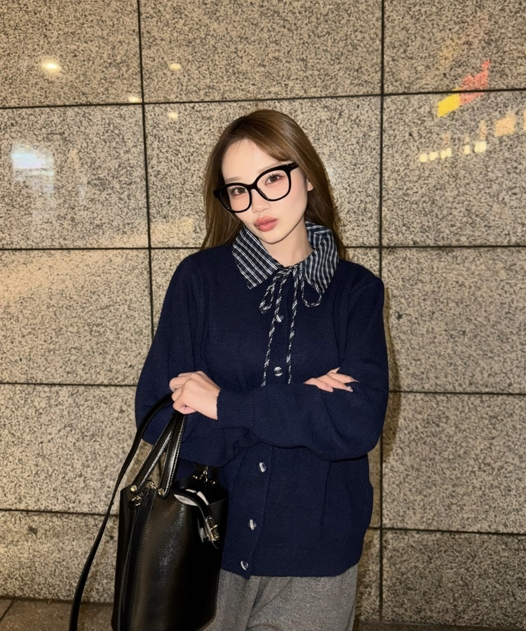 쁘띠 니트 셔츠 가디건 네이비