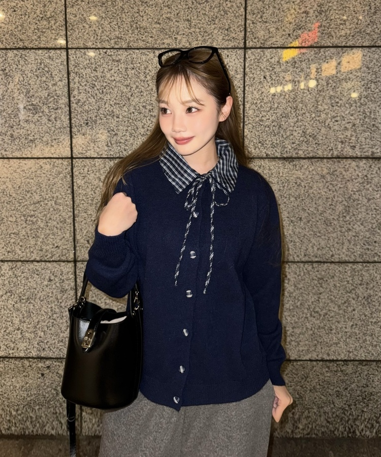 쁘띠 니트 셔츠 가디건 네이비