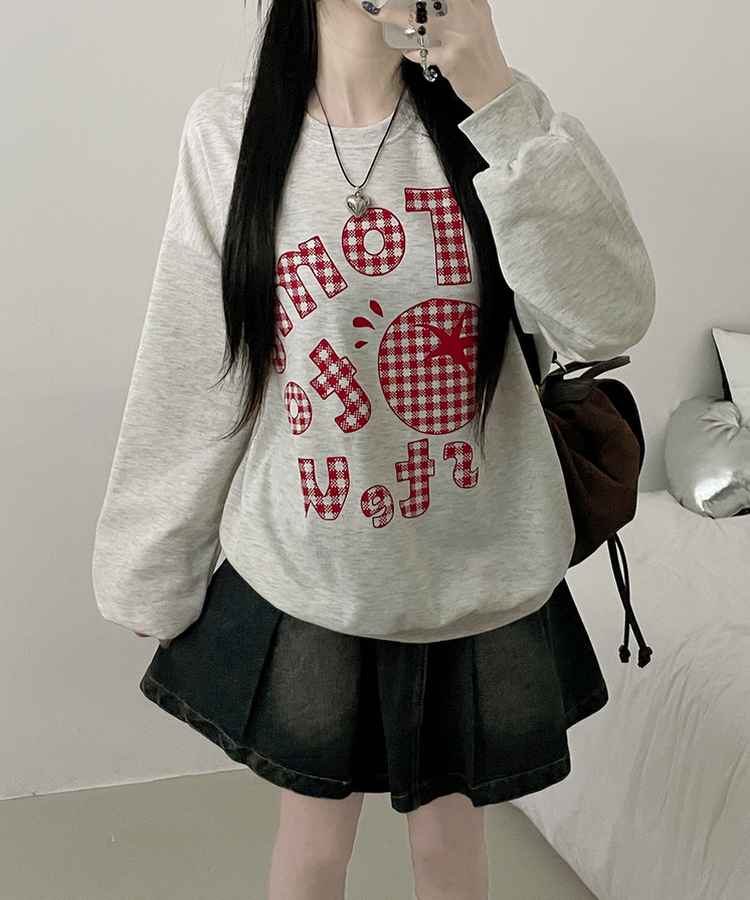 기모버전스윗토마토체크레터링프린팅벌룬박스핏맨투맨 오트밀