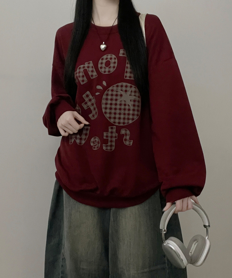 기모버전스윗토마토체크레터링프린팅벌룬박스핏맨투맨 버건디