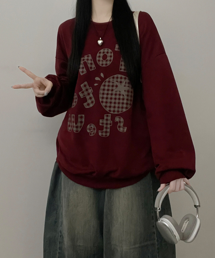 기모버전스윗토마토체크레터링프린팅벌룬박스핏맨투맨 버건디