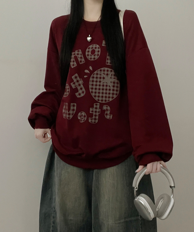 기모버전스윗토마토체크레터링프린팅벌룬박스핏맨투맨 버건디