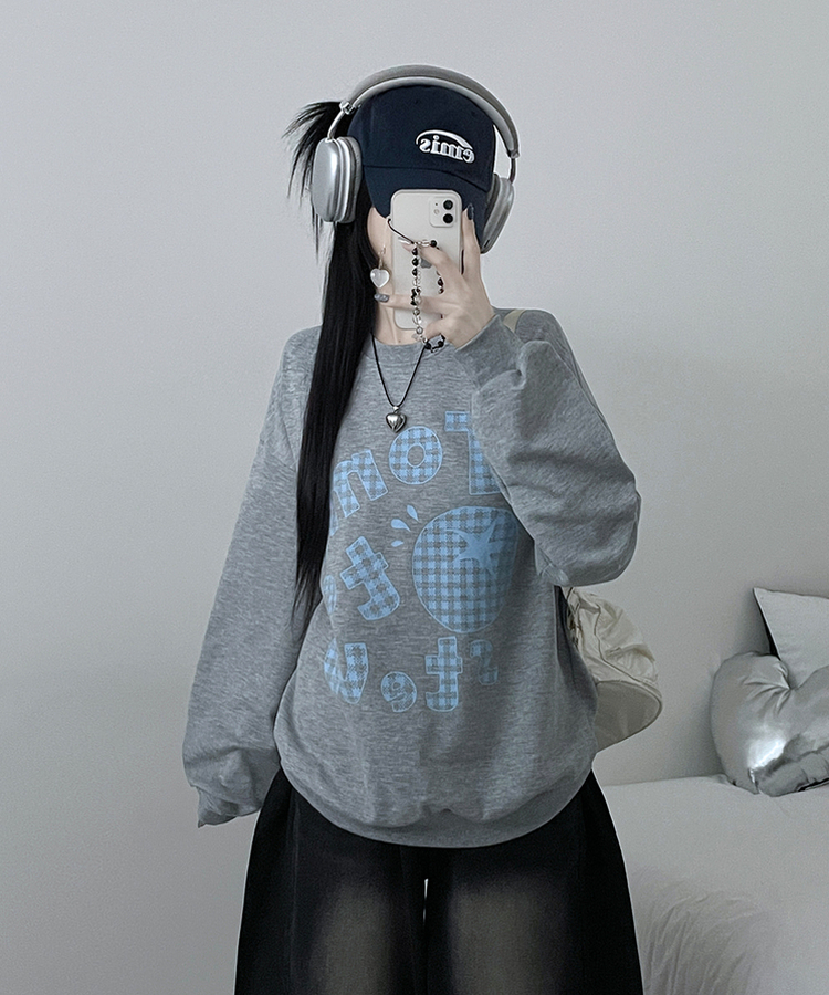 기모버전스윗토마토체크레터링프린팅벌룬박스핏맨투맨 멜란지